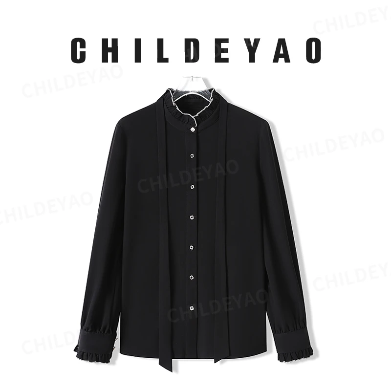 Childe Yao【晓梦】复古宫廷风飘带撞色花边领黑色长袖衬衫Z3305