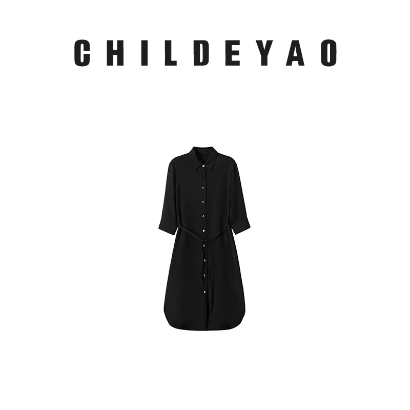 CHILDEYAO【小黑裙】显瘦轻奢时尚桑蚕丝黑色气质衬衫连衣裙1032