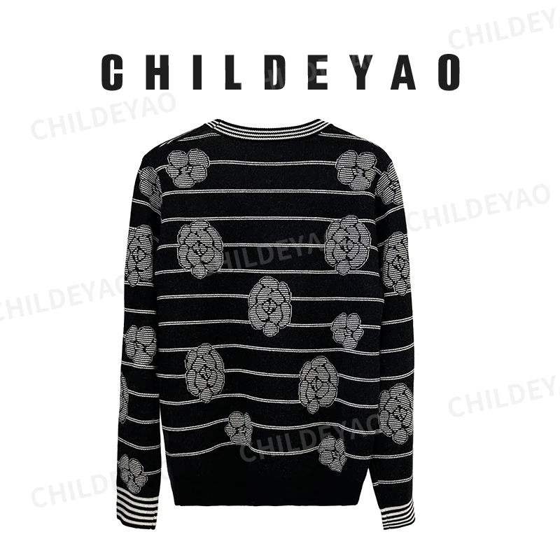 Childe Yao【山茶花】100%绵羊毛撞色山茶花套头长袖毛衫AMY3231