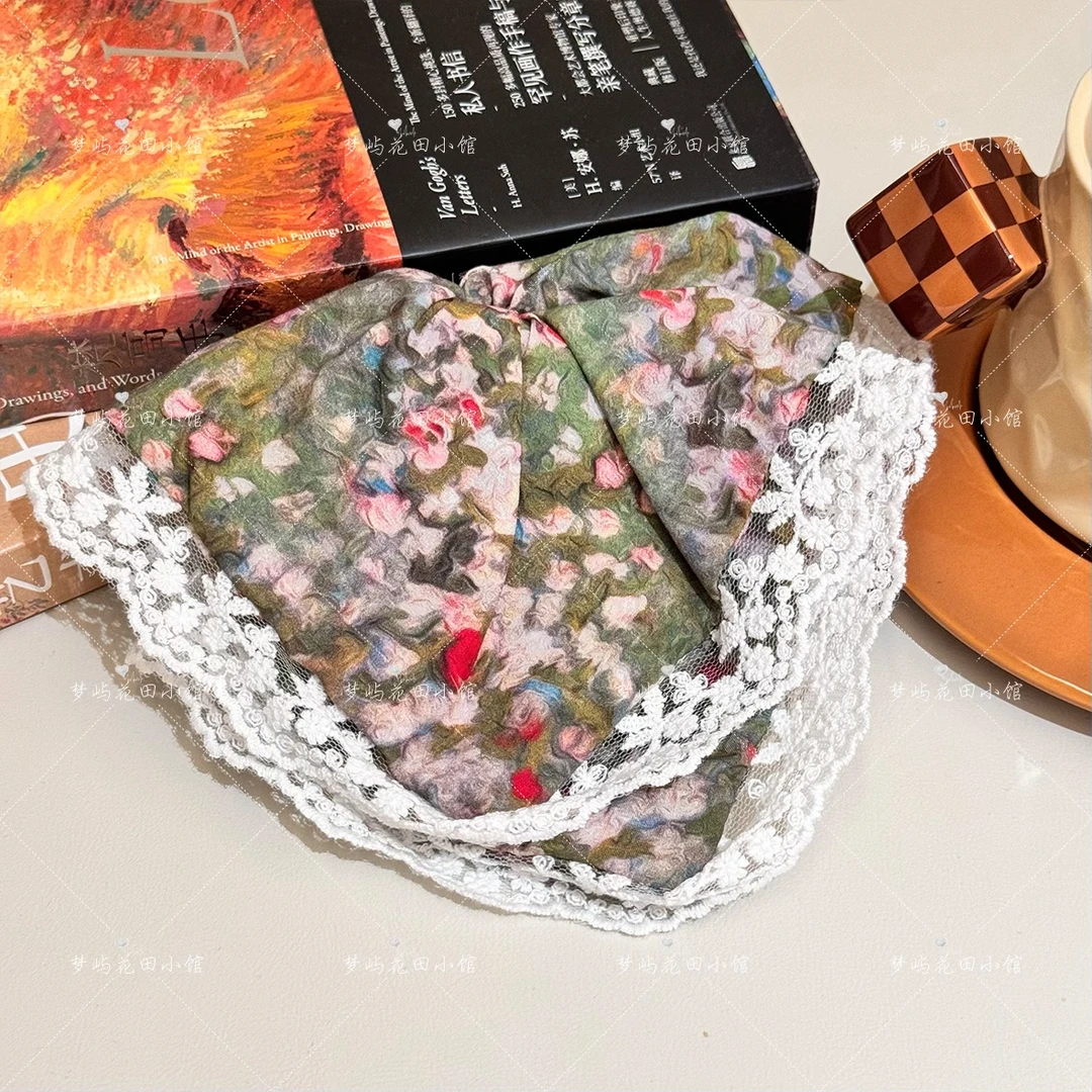 （方巾）绿色油画风小花蕾丝边发饰