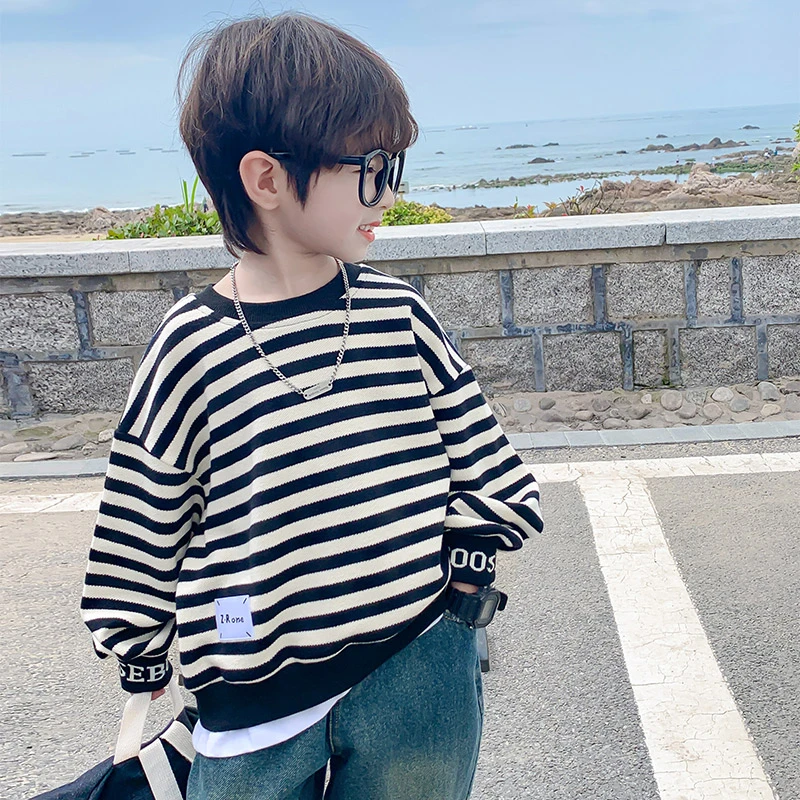 男童卫衣春秋款2025新款儿童秋装时髦上衣条纹男孩秋季炸街衣服潮