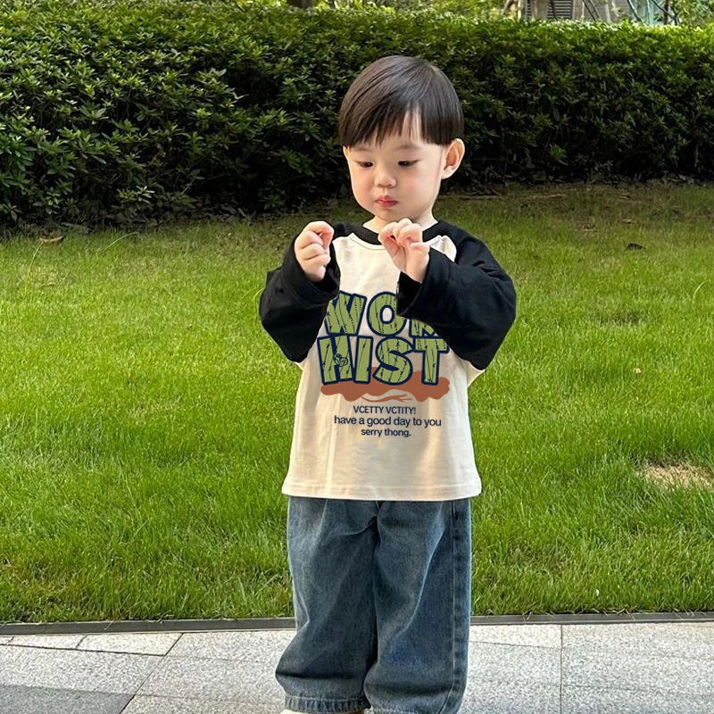 男童拼接袖撞色上衣儿童春秋纯棉长袖T恤韩范儿童新款春秋宽松