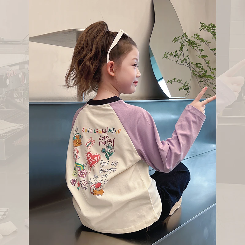 韩范撞色小女孩长袖上衣儿童打底衫春秋季儿童装T恤2025秋装新款