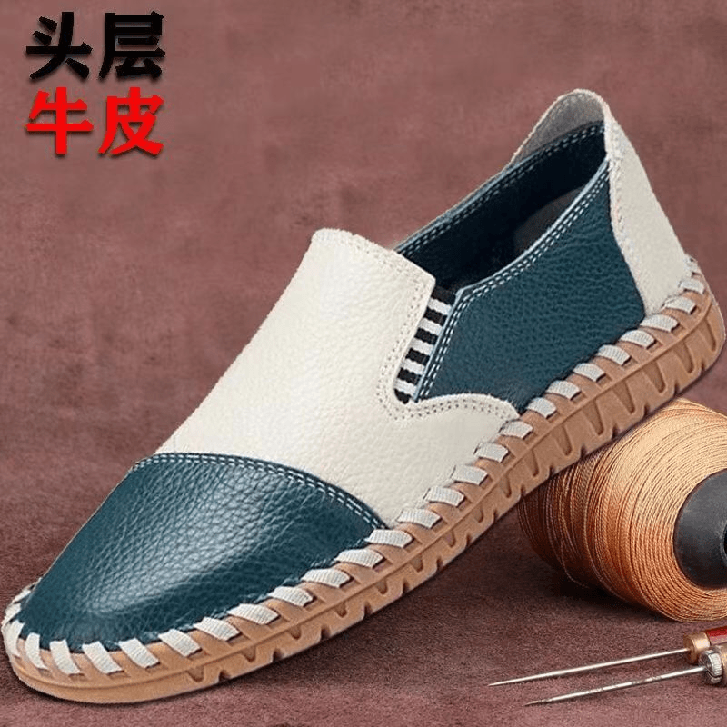 头层牛皮--经典--2024爆款男士软底皮鞋大码舒适透气手工白绿色