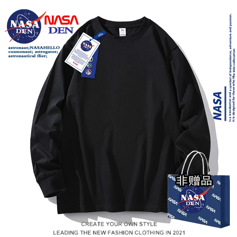 NASA联名男女同款秋季新款纯棉宽松纯色长袖T恤休闲运动时尚上衣