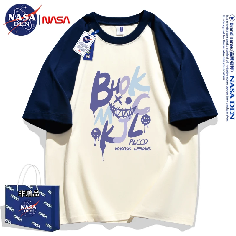 NASA联名2024年拼接短袖男女款重磅纯棉t恤潮流印花半袖插肩袖潮