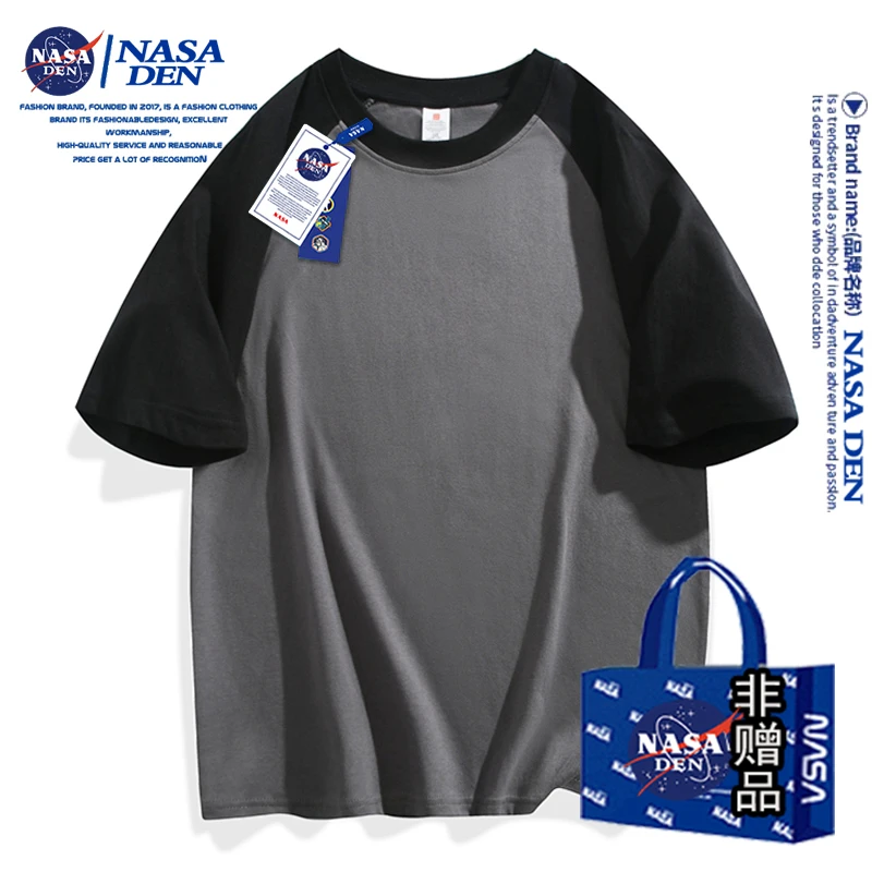NASA联名夏季纯棉短袖重磅t恤男休闲运动透气上衣插肩袖男女同款