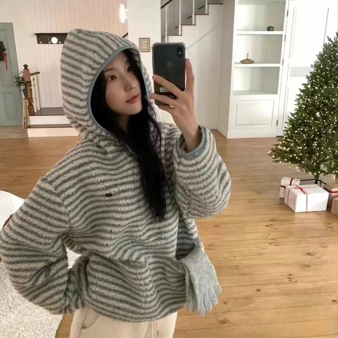 【毛毛条纹半拉链卫衣】金喜家韩国单-秋冬款两色条纹连帽宽松上衣