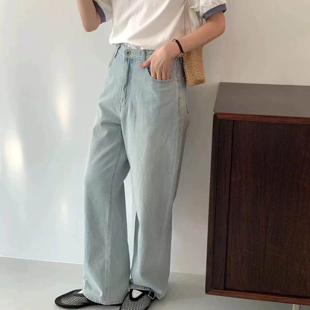 韩国单【e*gg法棍裤】直筒百搭减龄牛仔裤浅蓝小阔腿裤