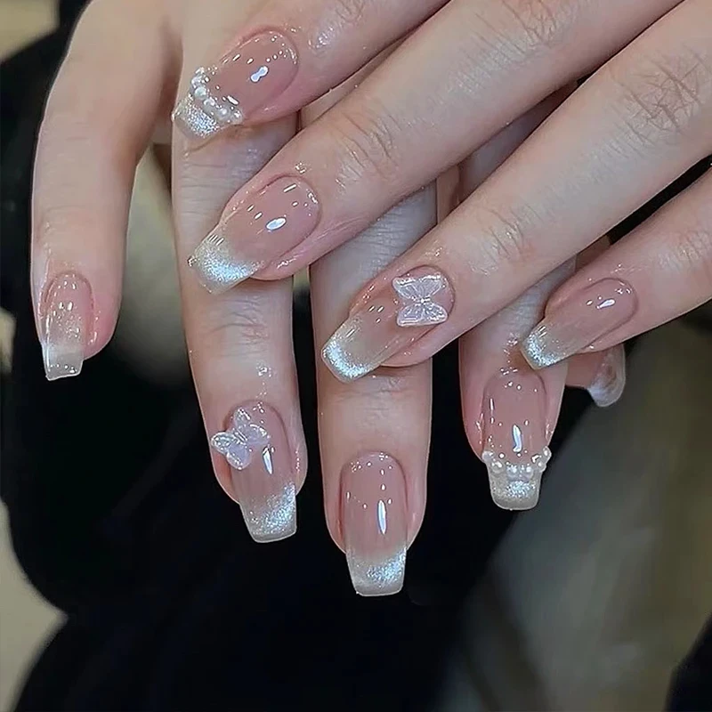 通用 纯手工光疗美甲庄周梦蝶 果冻贴片 假指甲 可拆卸穿戴甲显白