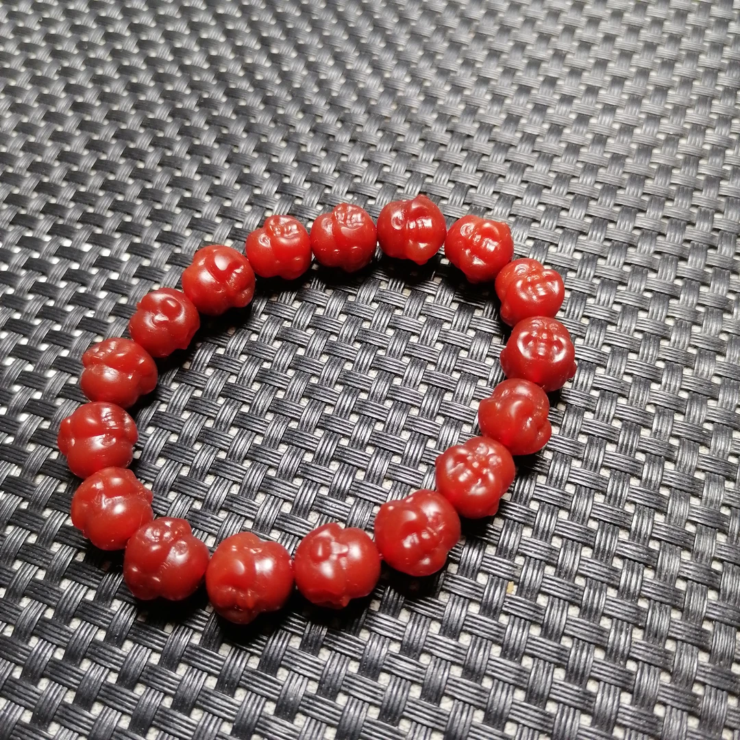 天然牛血红双面佛头手串弥勒佛笑口常开佛头手串手链