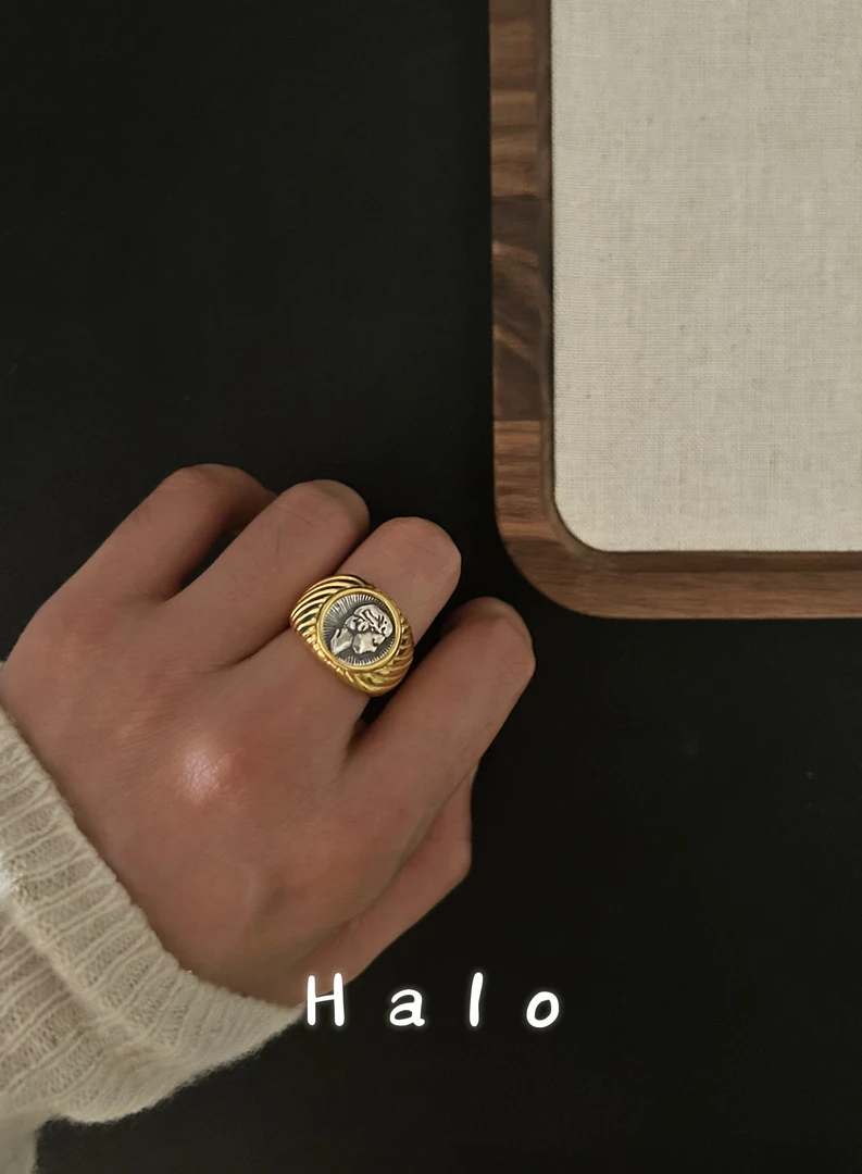 925银戒指 人像古币戒指金色手工时尚复古小众欧美个性金色指环