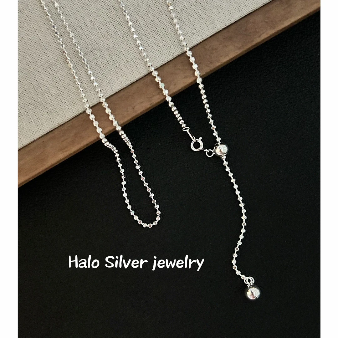 坠链均925银 车花隔珠链子75公分长链毛衣链抽拉调节手工气质时尚