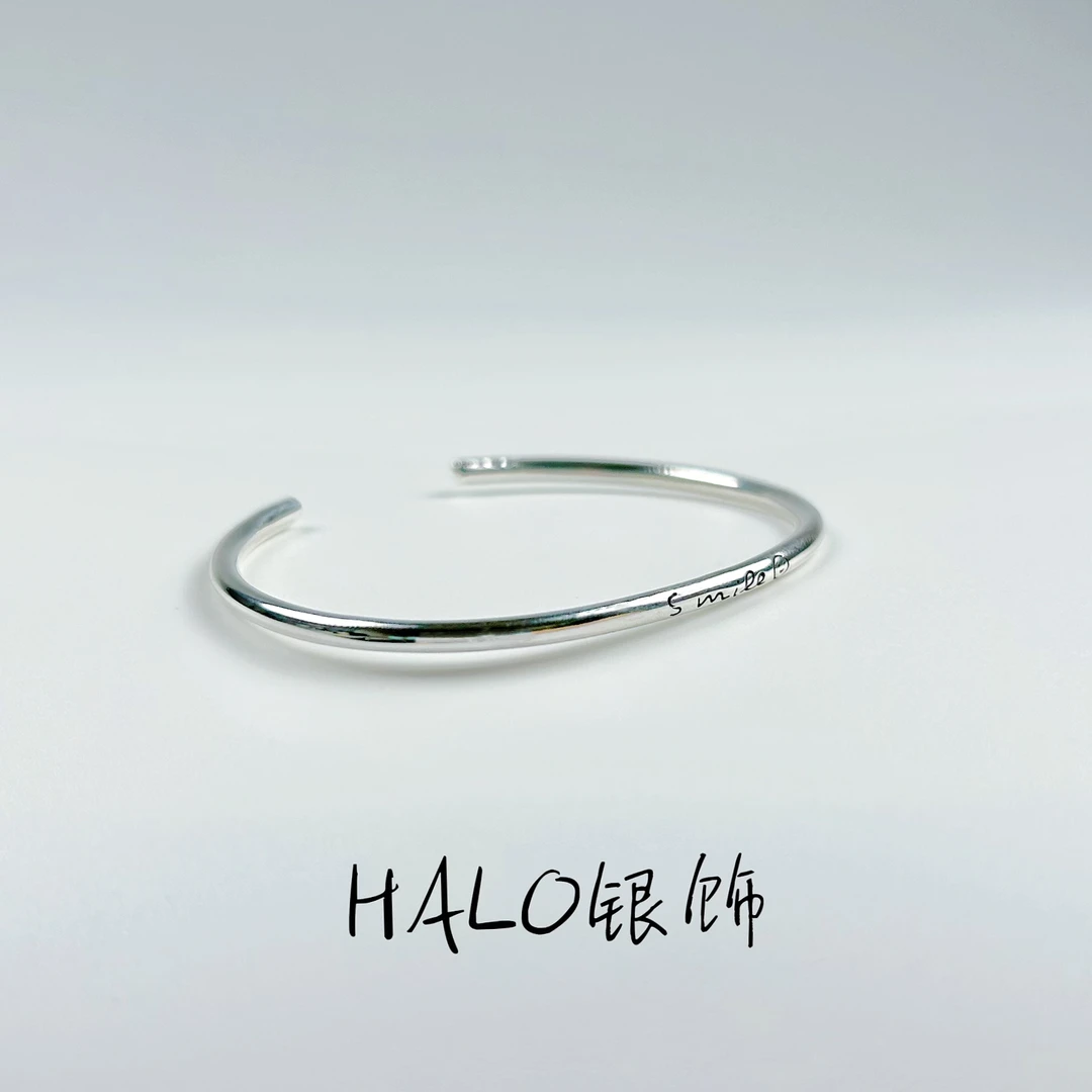 925银手镯 《白霜》纯银手镯微笑luck好运手镯光面开口可调节