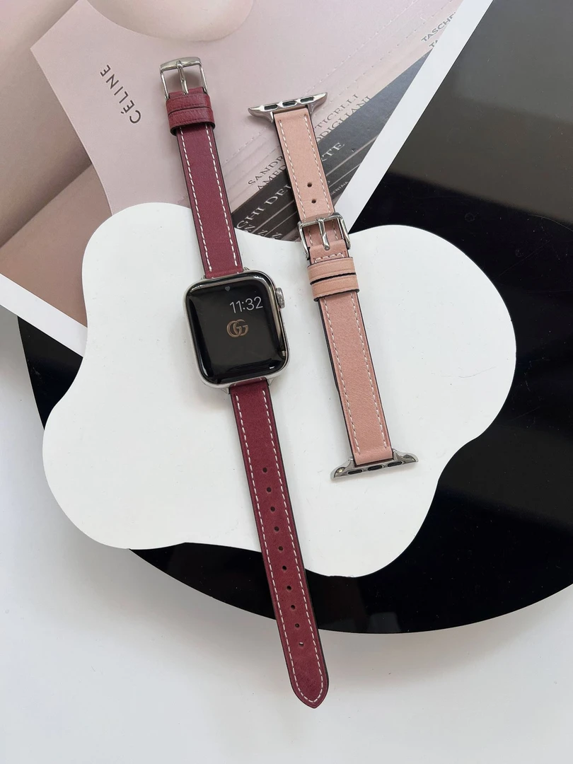 适用苹果手表Apple watch98se76543小蛮腰直身复古纹皮表带时尚女