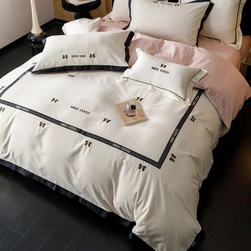 （洁西雅-白）全棉高端轻奢刺绣四件套 床上用品