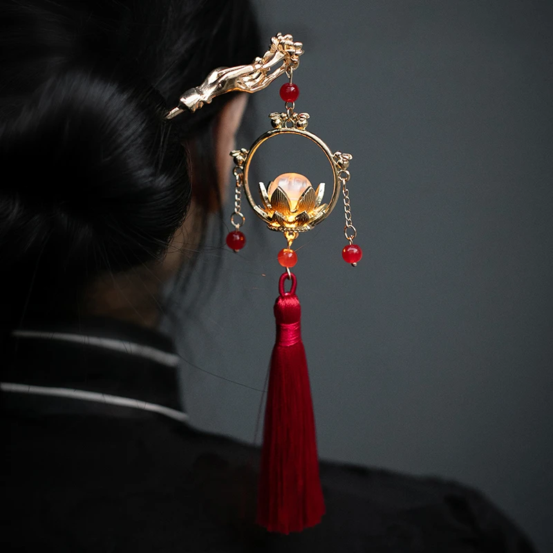 锌合金仿珍珠发饰 经典古风汉服发饰灯笼流苏凉亭子发簪发光莲花