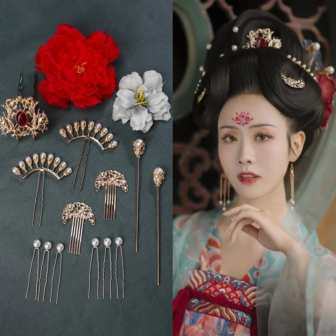 汉服头饰美少女绢花发簪全套古风饰品插梳套装宫廷