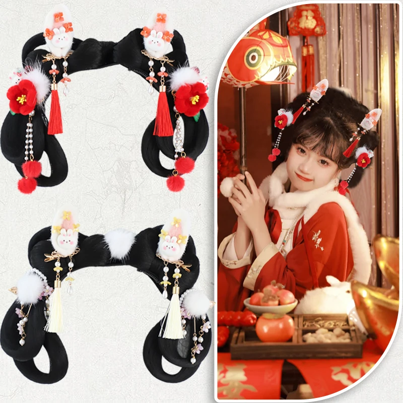 汉服头饰女假发古风假发一体式懒人发包古装发饰造型古风毛球对夹