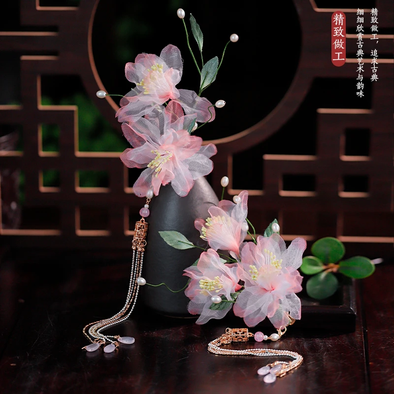 美汉服头饰绢纱烫花发夹手工仿真花朵长流苏步摇写真拍摄配饰女