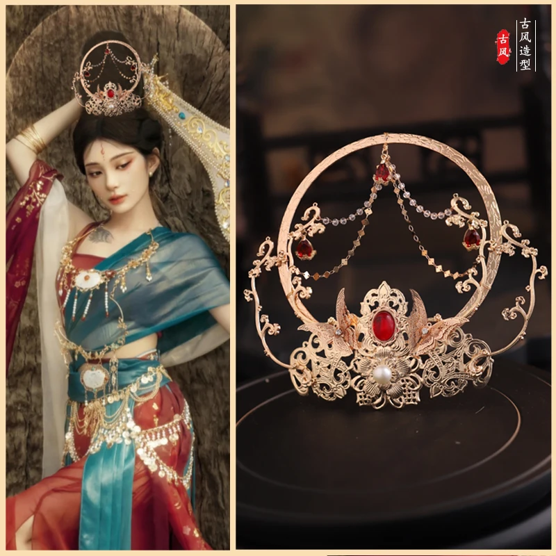敦煌飞天圣女光环发冠古风汉服头饰古装女配饰供养光圈发簪