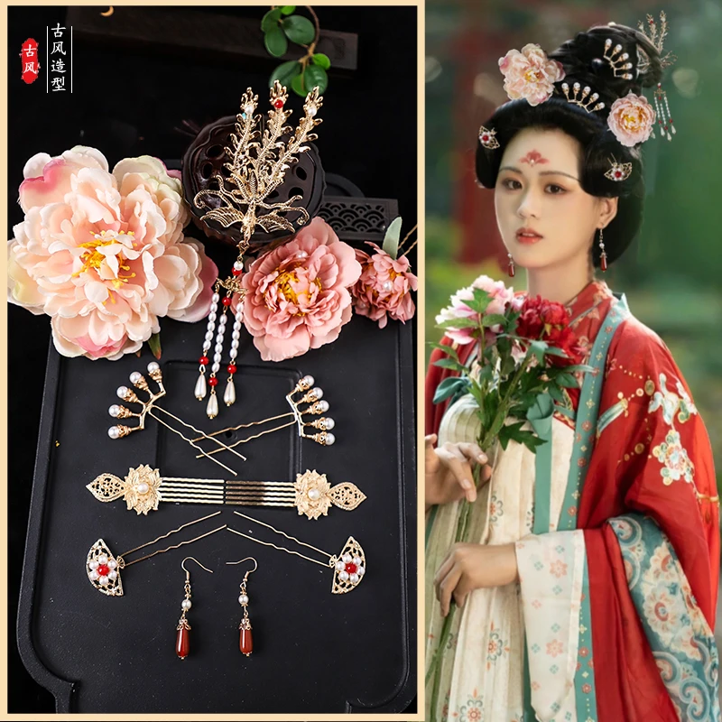 唐风敦煌发饰汉服古风头饰古装发冠百搭牡丹绢花排簪明制发簪U钗