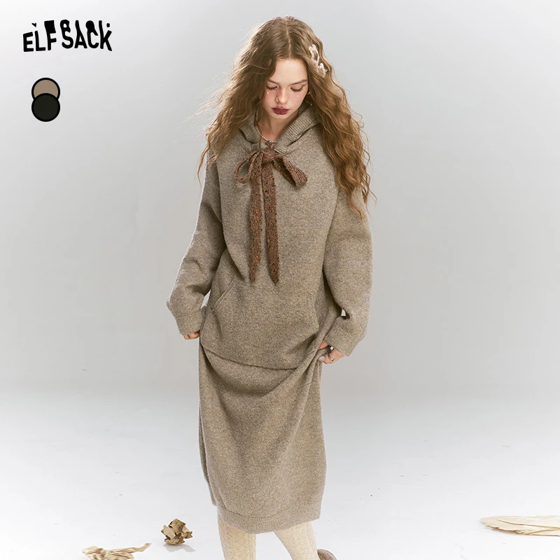 妖精的口袋彩点连帽针织卫衣连衣裙2024年冬季新款直筒内搭裙子