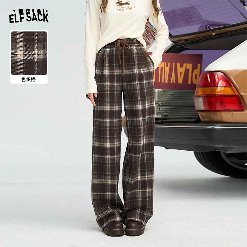 妖精的口袋松弛感复古格子休闲阔腿裤女2025秋季新款宽松直筒裤子