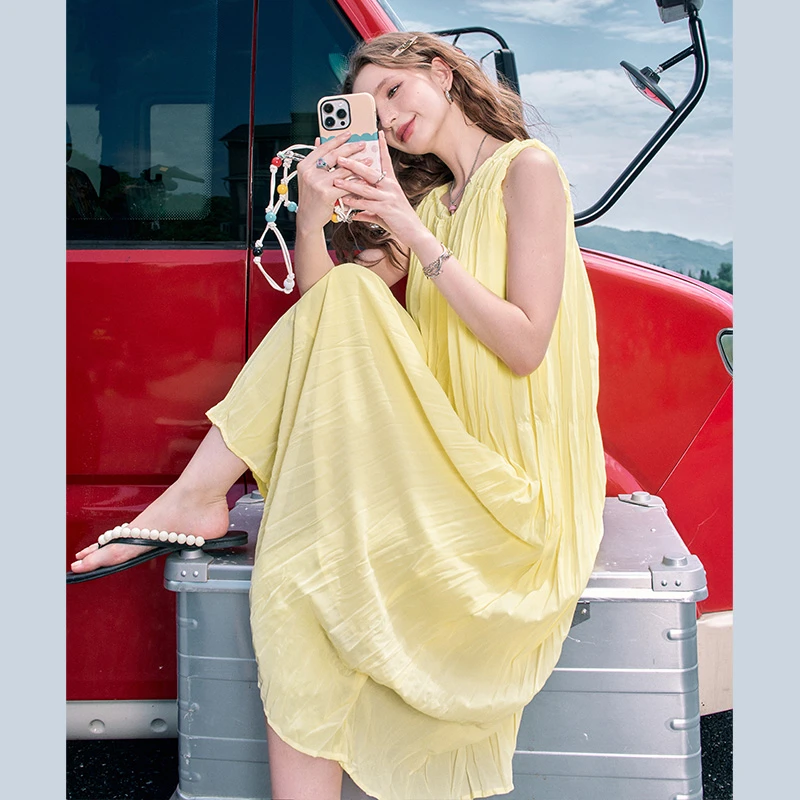 妖精的口袋 温柔海浪 法式a字无袖连衣裙女2024夏季气质显瘦度假
