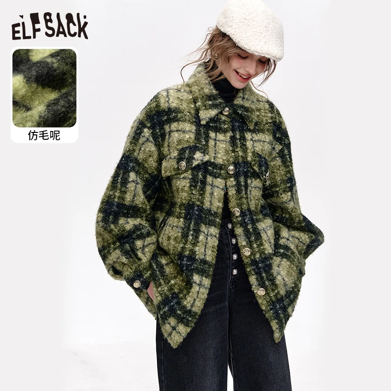 妖精的口袋 漫步森林 复古翻领格子短外套宽松显瘦2024冬季新款