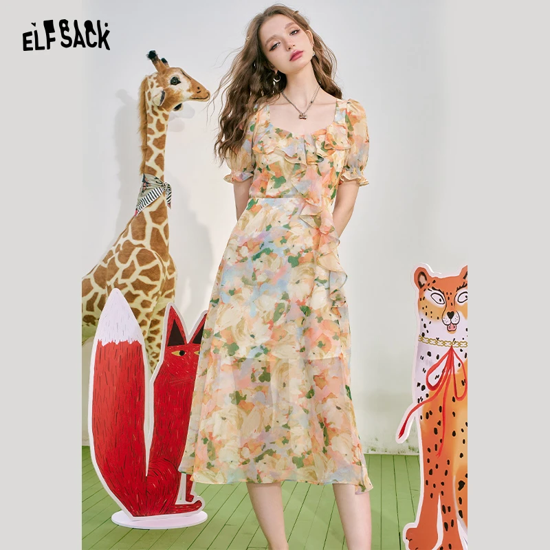 妖精的口袋 热情日落 法式泡泡袖碎花连衣裙女2024气质度假风裙