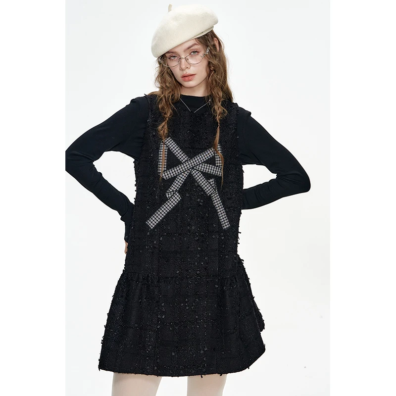 妖精的口袋小香风蝴蝶结设计黑色细闪连衣裙套装女秋季小黑裙