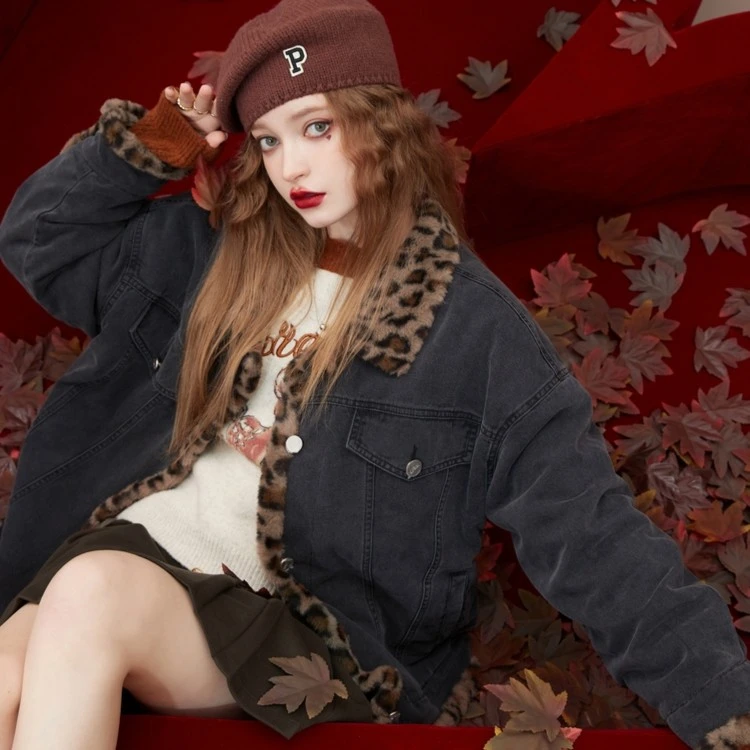 妖精的口袋春季款拼接豹纹灰色牛仔外套女复古加厚百搭设计感上衣