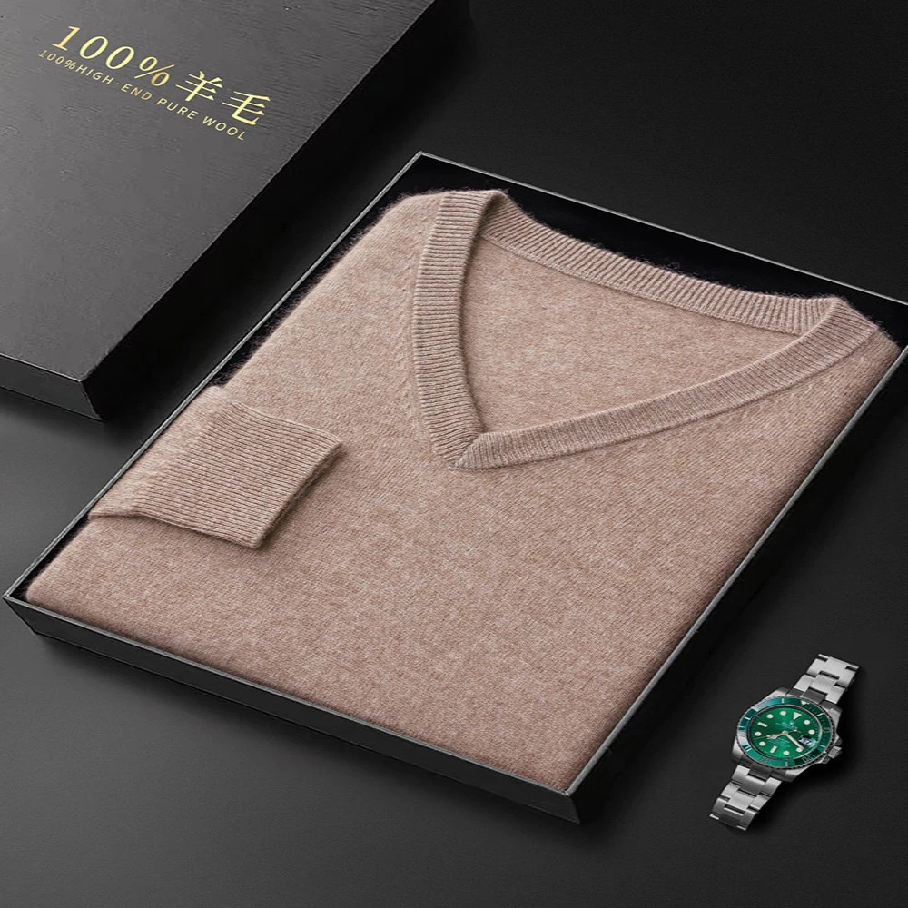 秋冬新款纯羊毛衫男士V领商务基础款百搭毛衣宽松休闲羊绒衫