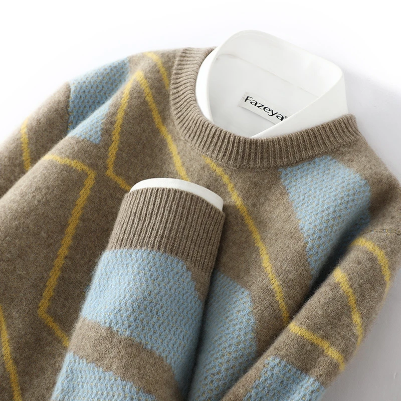 秋冬季新款纯羊毛衫男士青年圆领加厚拼色针织衫宽松休闲羊绒毛衣