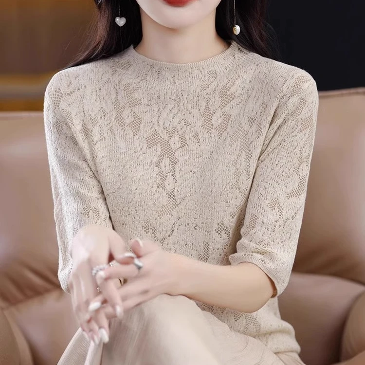 羊毛针织短袖女半高领蕾丝勾花镂空短袖宽松夏薄款短袖T恤上衣