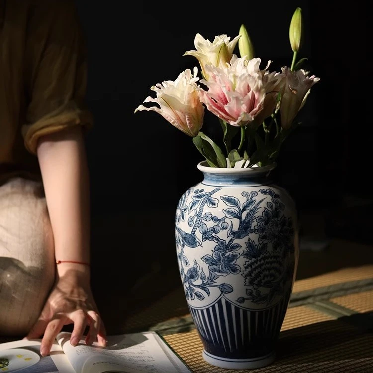 大相莲花新中式青花瓷玄关花瓶摆件 青花雀鸟瓶 客厅陶瓷花器