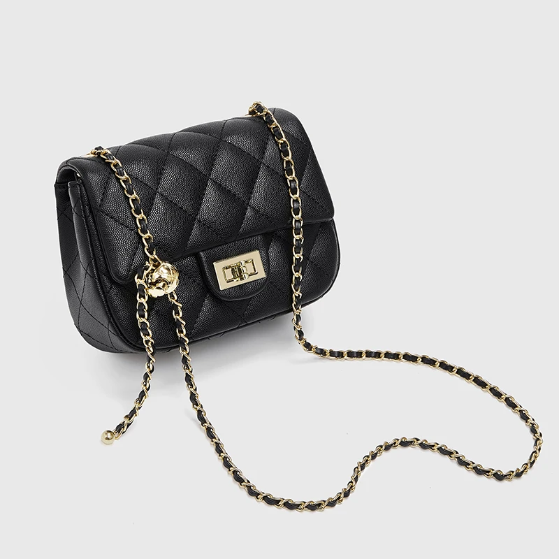 真皮小香风女包时尚百搭高级感菱格金球链条包妈妈秋冬斜挎手机包