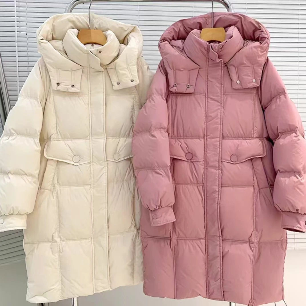 2024冬季新款M扣羽绒服中长款连帽韩版时尚保暖加厚
