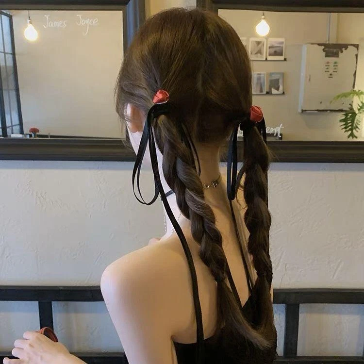 氛围感~蕾丝飘带红色玫瑰花朵蝴蝶结发夹女后脑勺芭蕾风丝带头饰