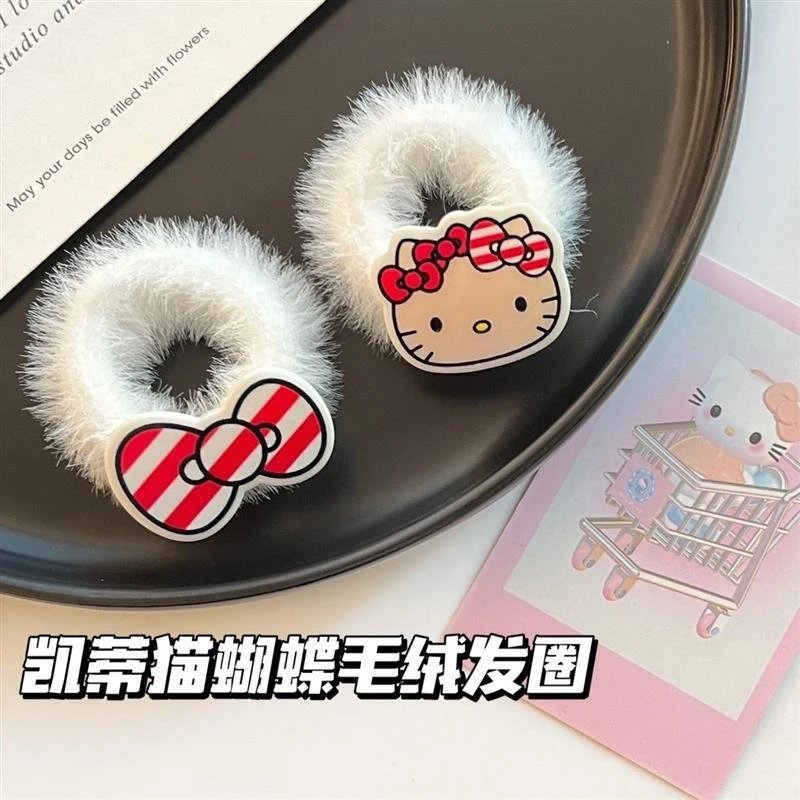 黑皮凯蒂猫毛巾圈毛绒发绳卡通ins发圈情侣闺蜜头绳可爱甜美发饰