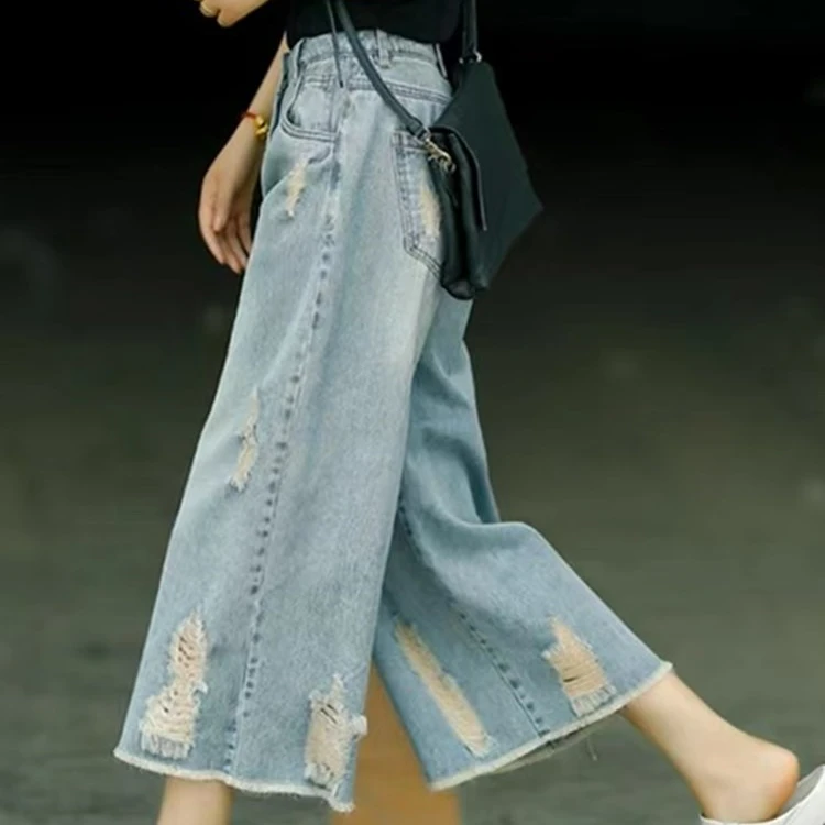 特大码300斤胖mm高腰宽松阔腿破洞做旧浅蓝复古休闲微胖女孩穿搭