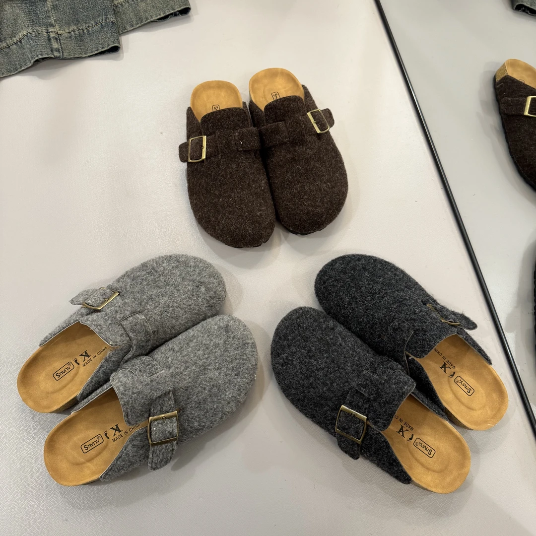 【图图】3cm毛呢勃肯鞋女韩版复古勃肯鞋一脚蹬舒适包头百搭半拖