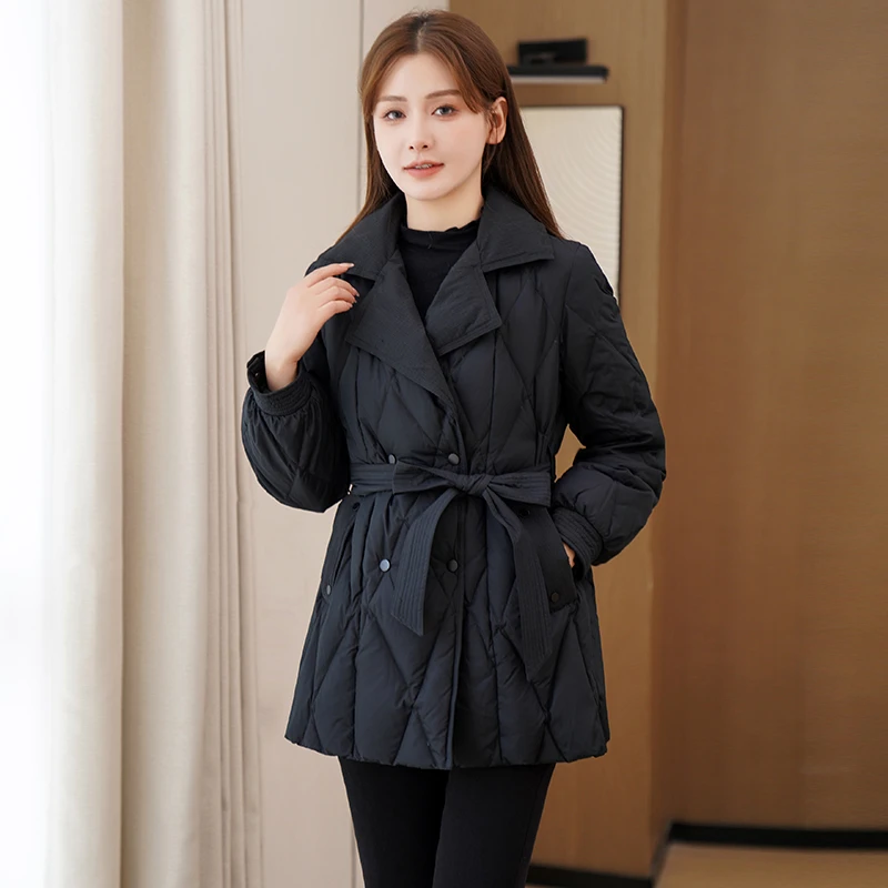 收腰棉服女中长款2025新款韩版修身西装领系带棉袄小个子棉衣外套