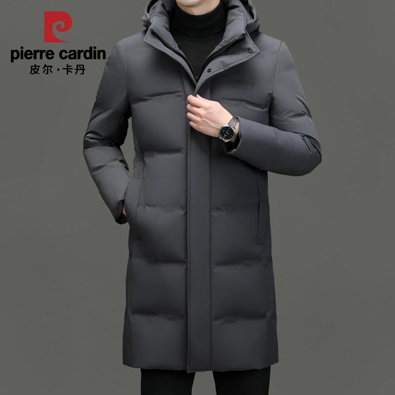 皮尔卡丹冬季厚款中长款羽绒服男士中青年商务休闲可脱卸帽外套男