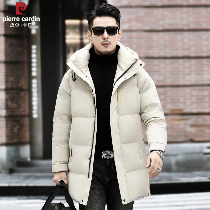 皮尔卡丹白鹅绒羽绒服男中长款连帽加厚2024冬季防寒保暖休闲外套