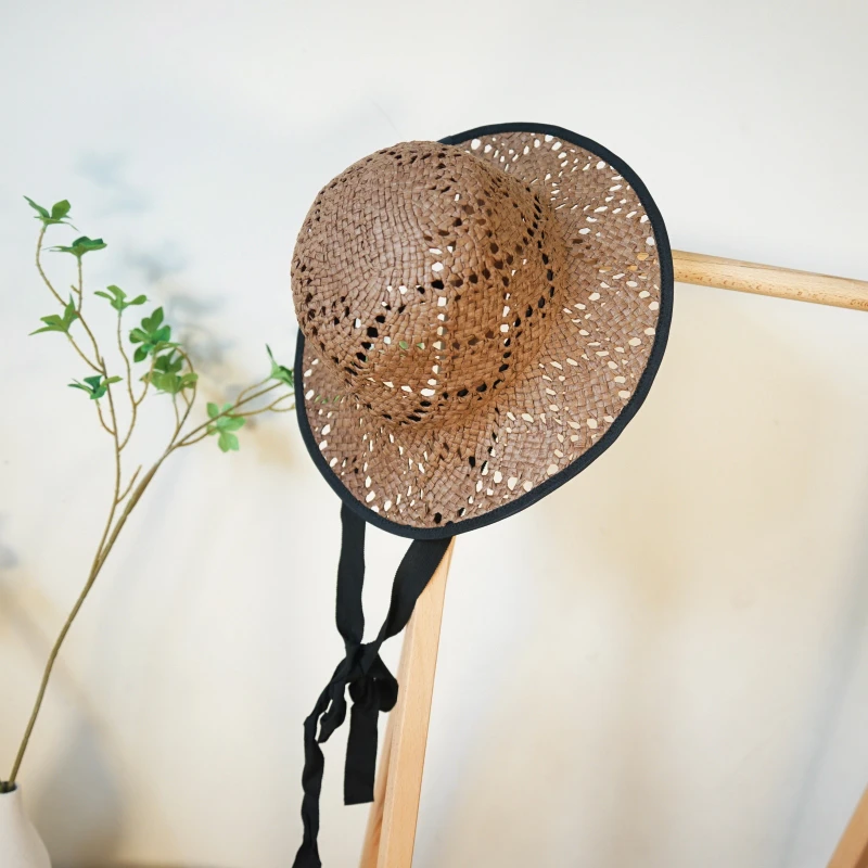 日系小清新复古棕色系带小盆帽渔夫帽女夏天度假沙滩防晒遮阳草帽
