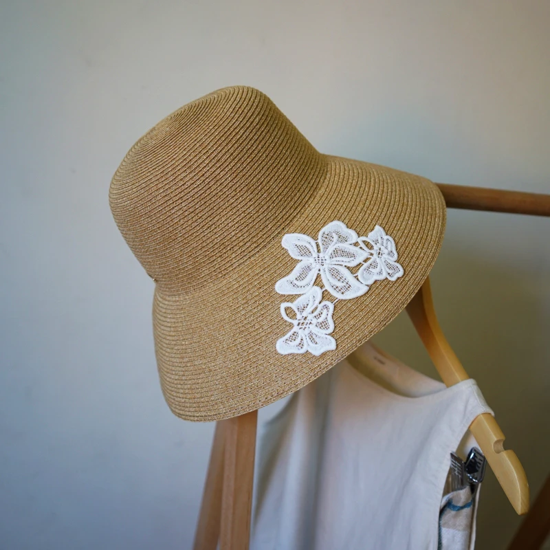 帽子渔夫帽时尚百搭夏遮阳防晒太阳帽草帽夏天编织帽日系蕾丝花朵