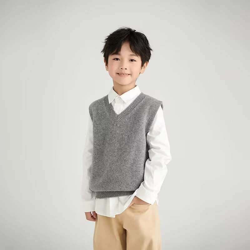 儿童100%纯羊毛马甲V领纯羊毛衫男女童针织背心秋冬套头毛衣坎肩