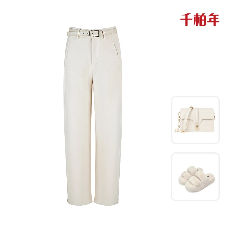 千柏年【白色恋人】弹力高腰显瘦休闲羊毛桑蚕丝混纺休闲裤-C1459